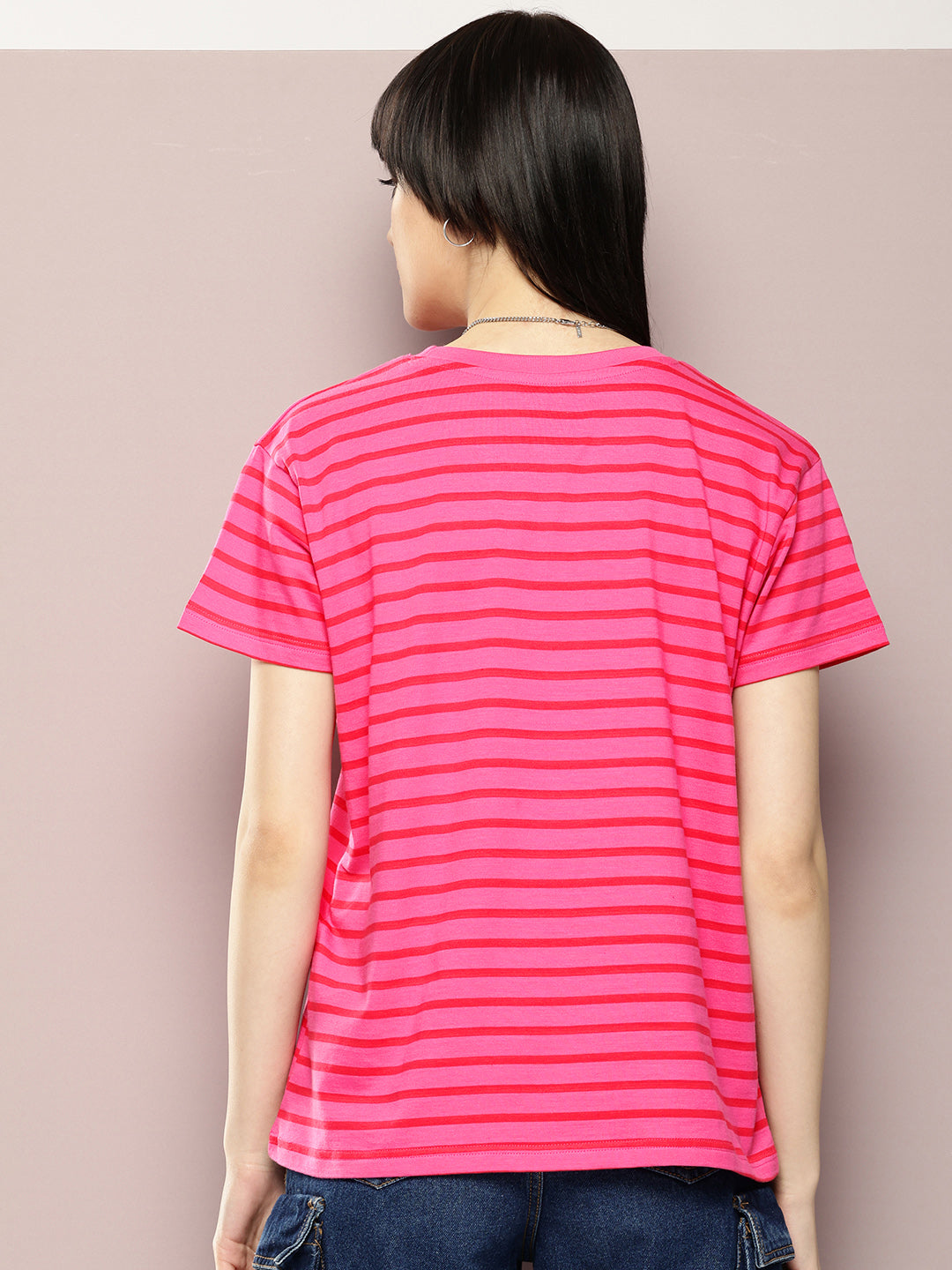 Womens Half Sleeve Round Neck Striped Boxy Fit Tshirts