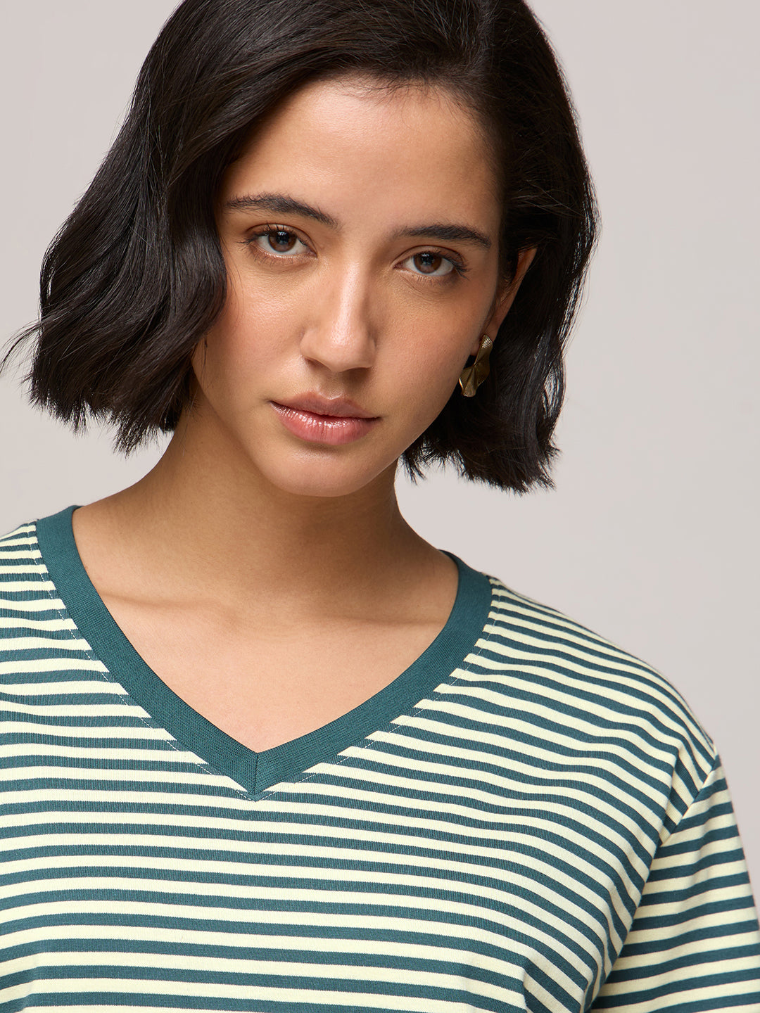 Womens Striped Boxy Regular Fit Cotton V-Neck T-Shirt