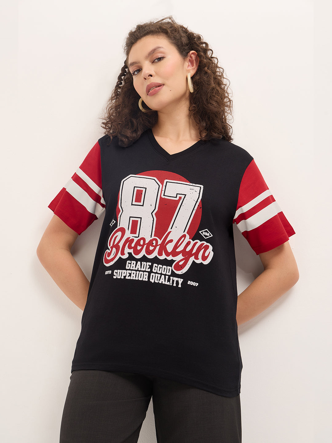 Womens Half Sleeve V-Neck Printed Oversized Fit Tshirts