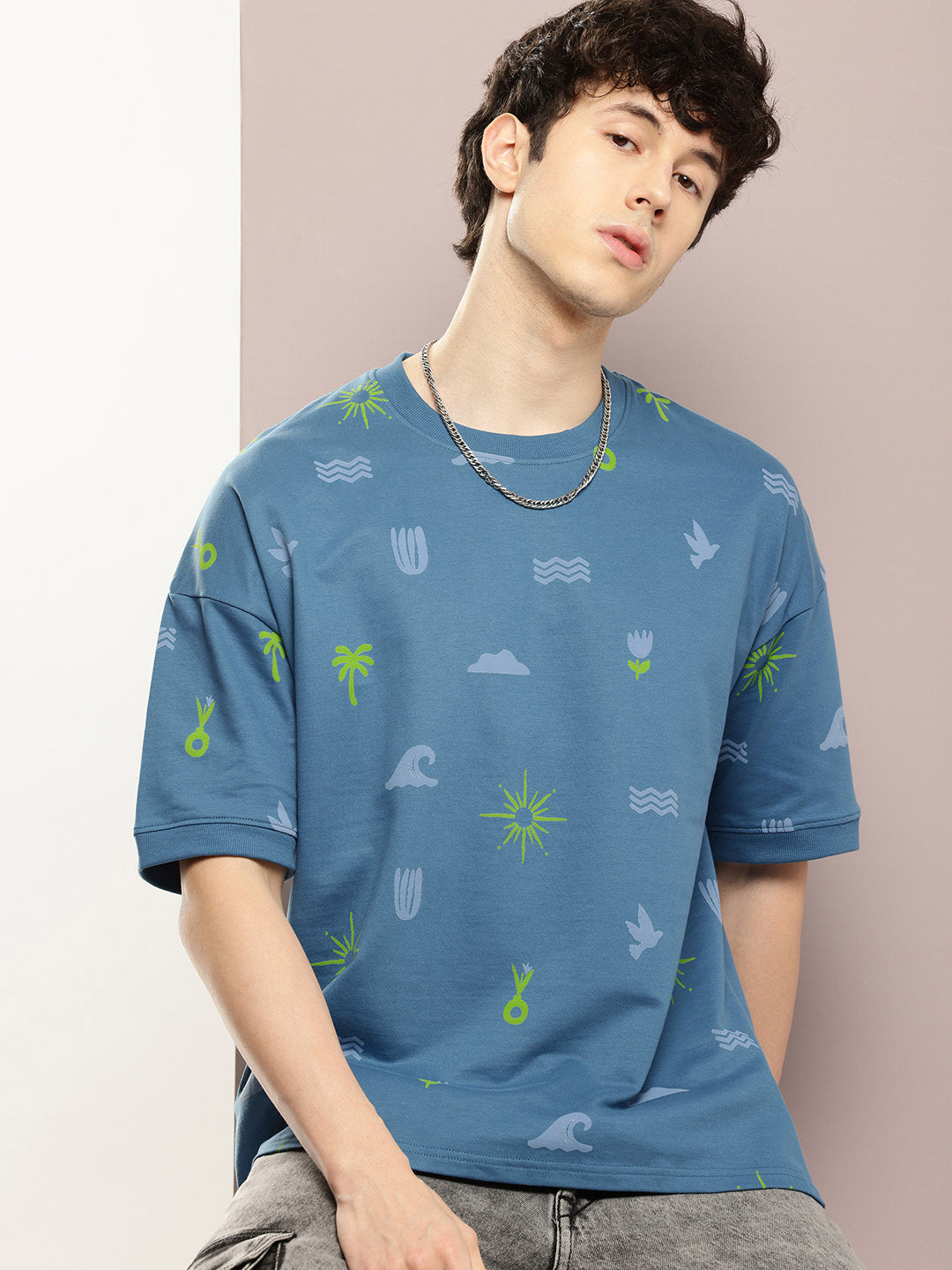 Mens Half Sleeve Round Neck All-Over Printed Oversized Fit Tshirts