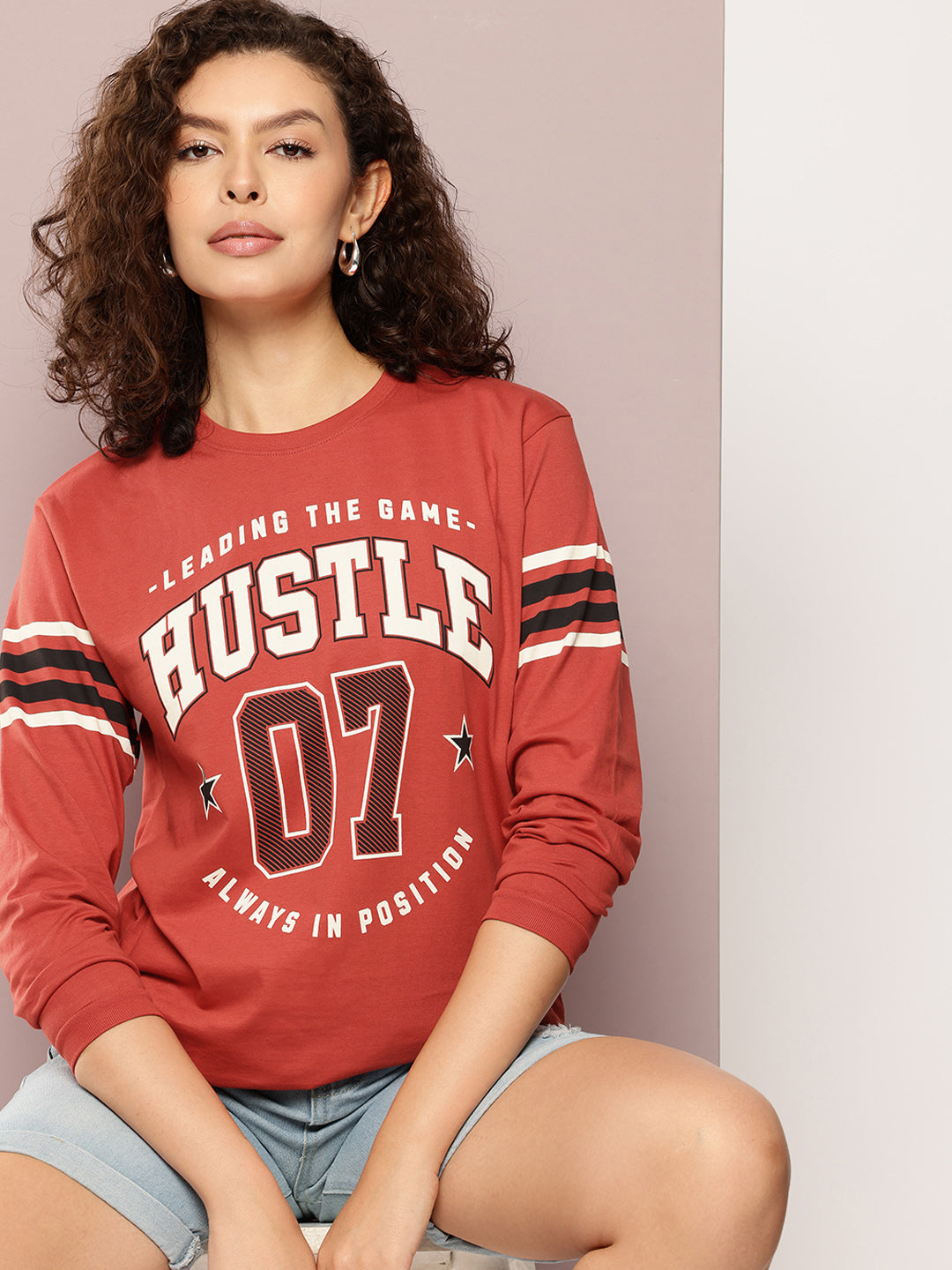 Womens Full Sleeve Round Neck Printed Oversized Fit Tshirts