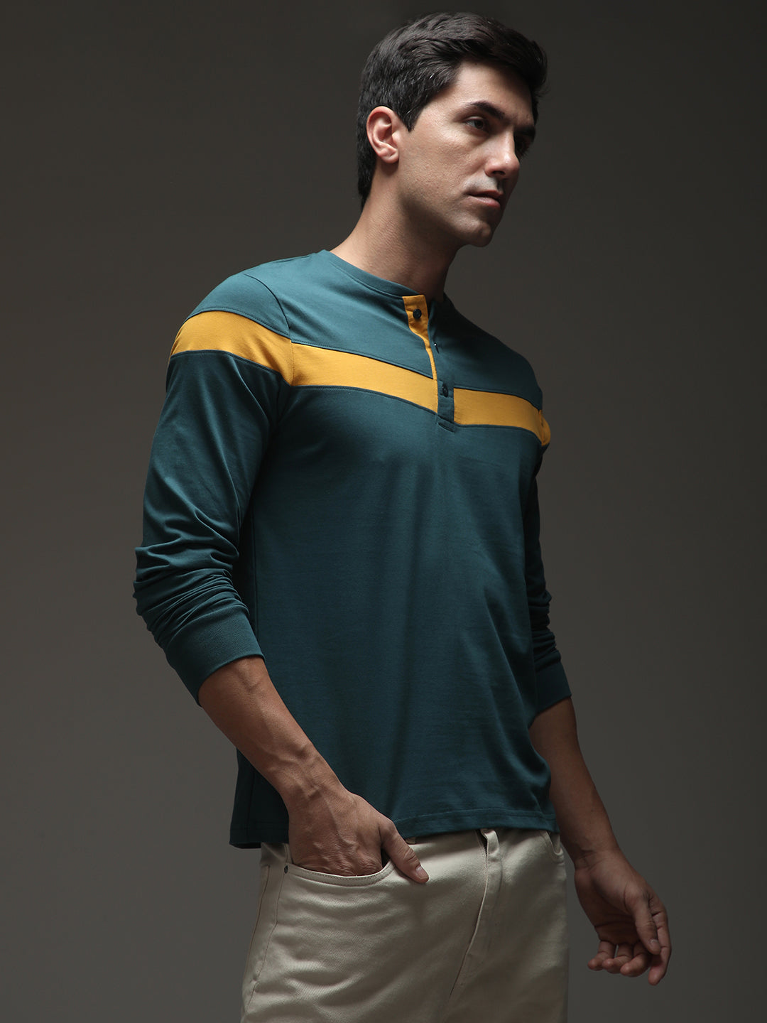 Mens Full Sleeve Henley Neck Solid Regular Fit Tshirts