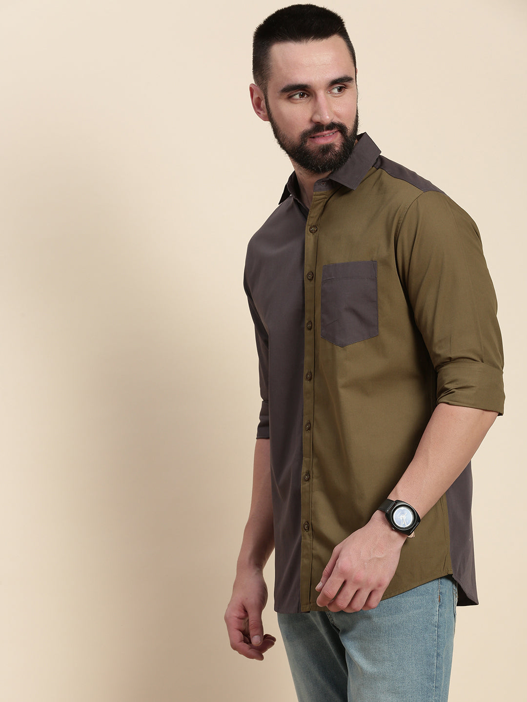 Mens Colourblocked Full Sleeve Shirt With Pocket