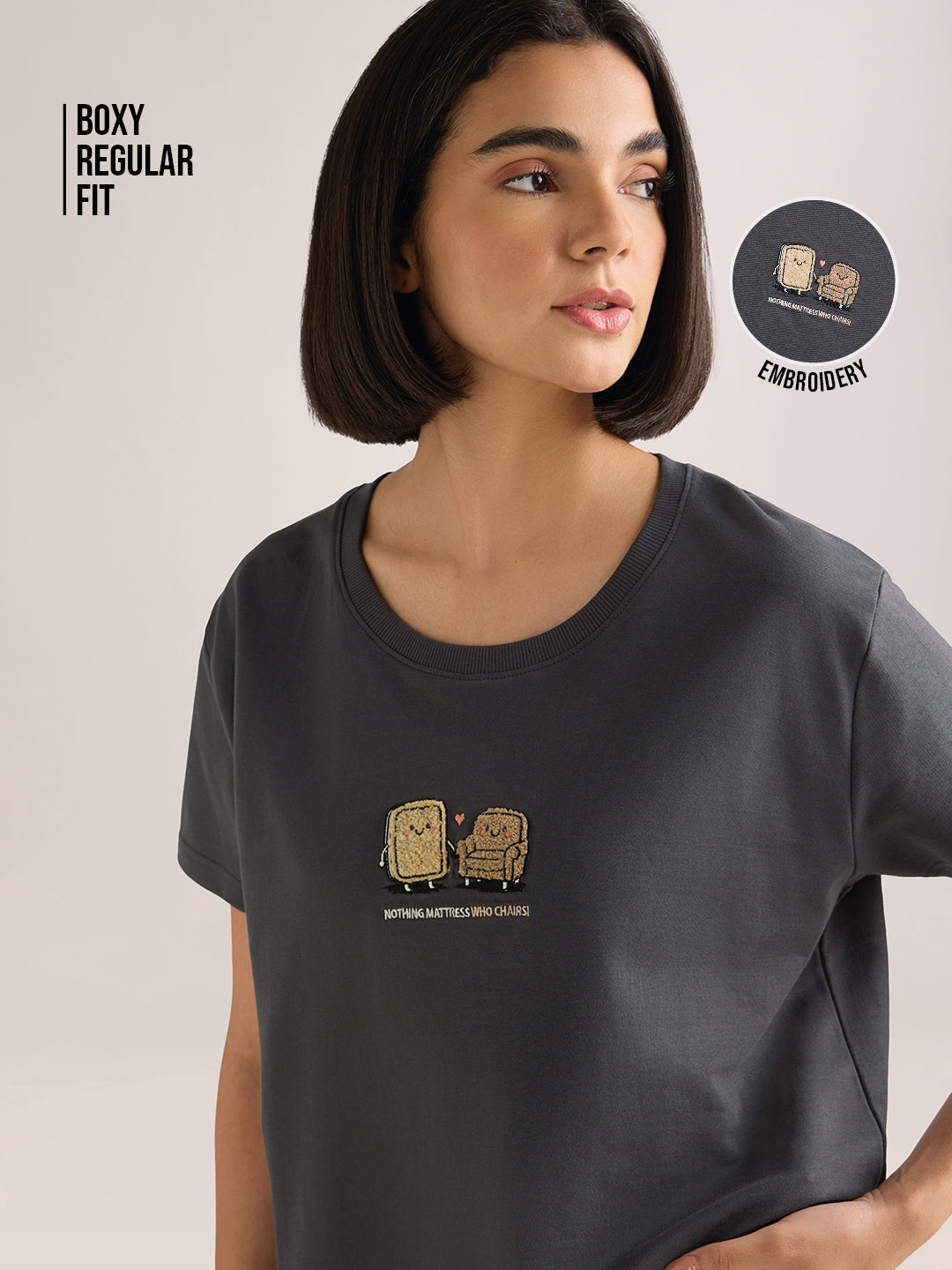 Womens Embroidery Boxy Regular Fit French Terry Cotton Tshirt