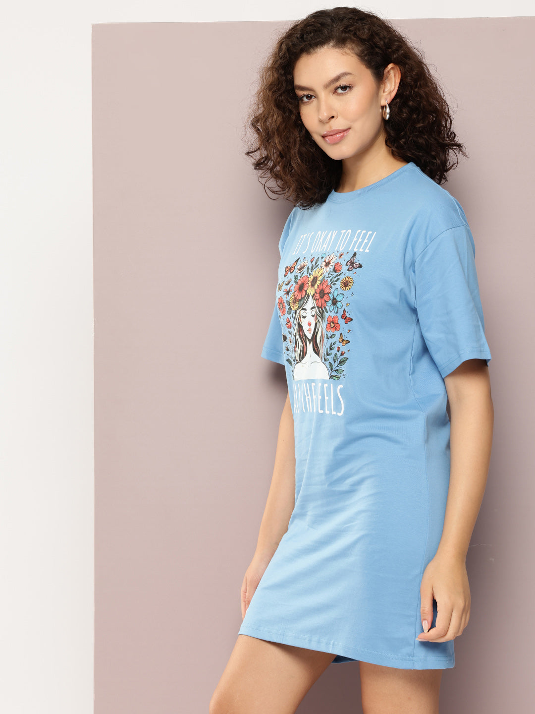 Womens Oversized Short Sleeves Printed Tshirt Dress