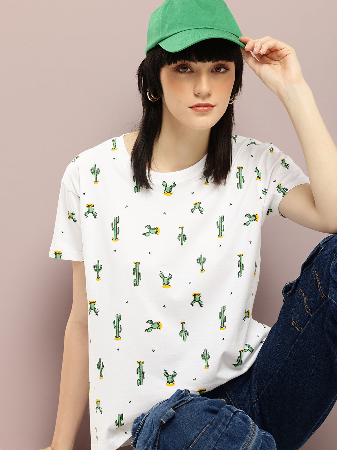 Womens Half Sleeve Round Neck All-Over Printed Boxy Fit Tshirts