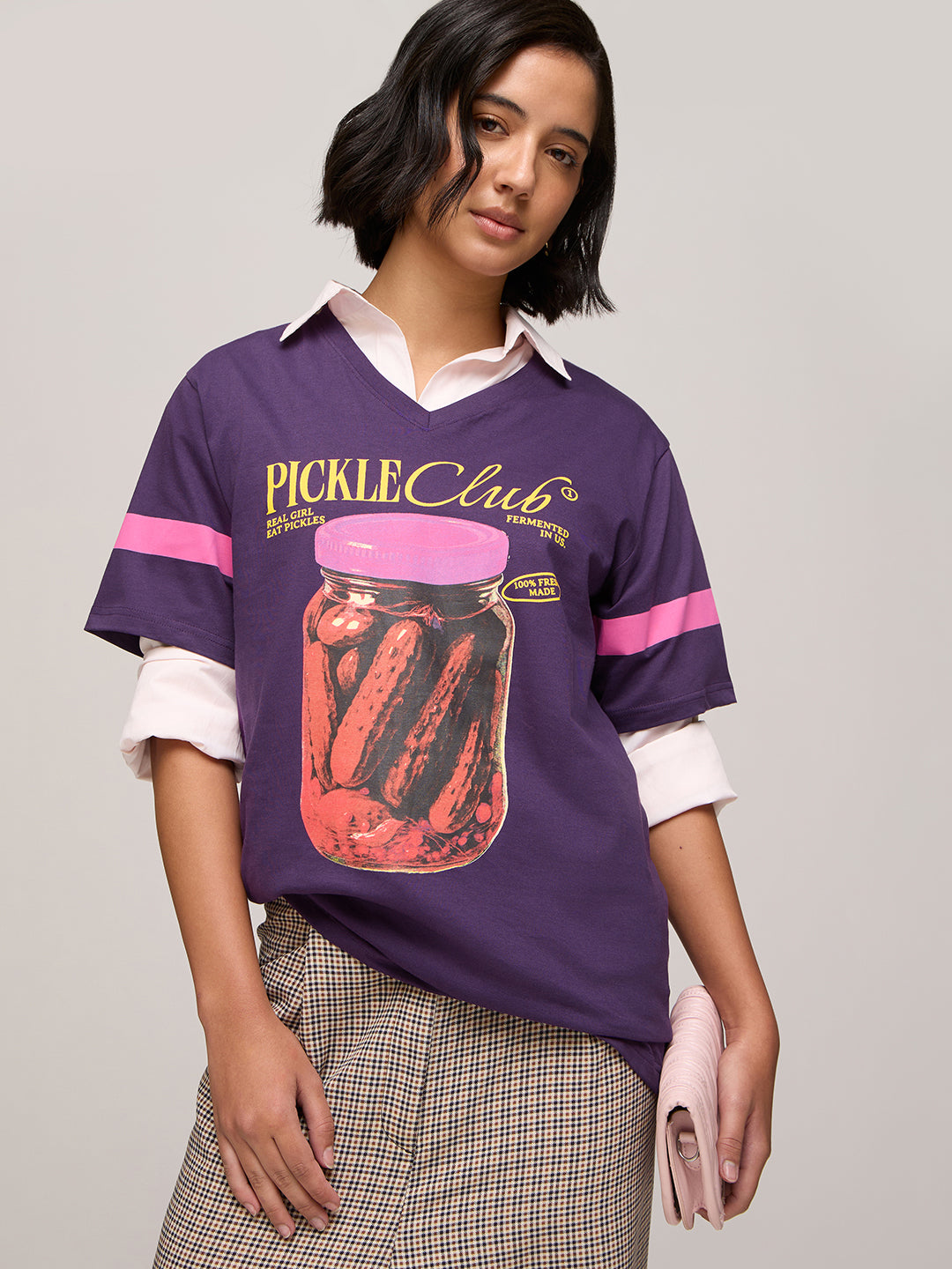 Womens Printed Oversized Fit Cotton V-Neck T-Shirt