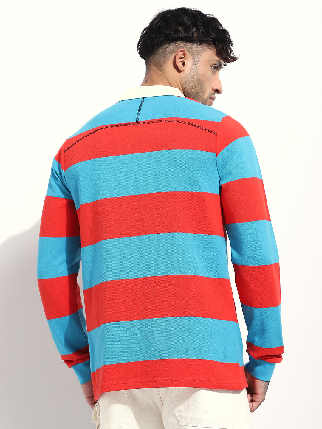 Mens Full Sleeve Polo Neck Striped Regular Fit Tshirts