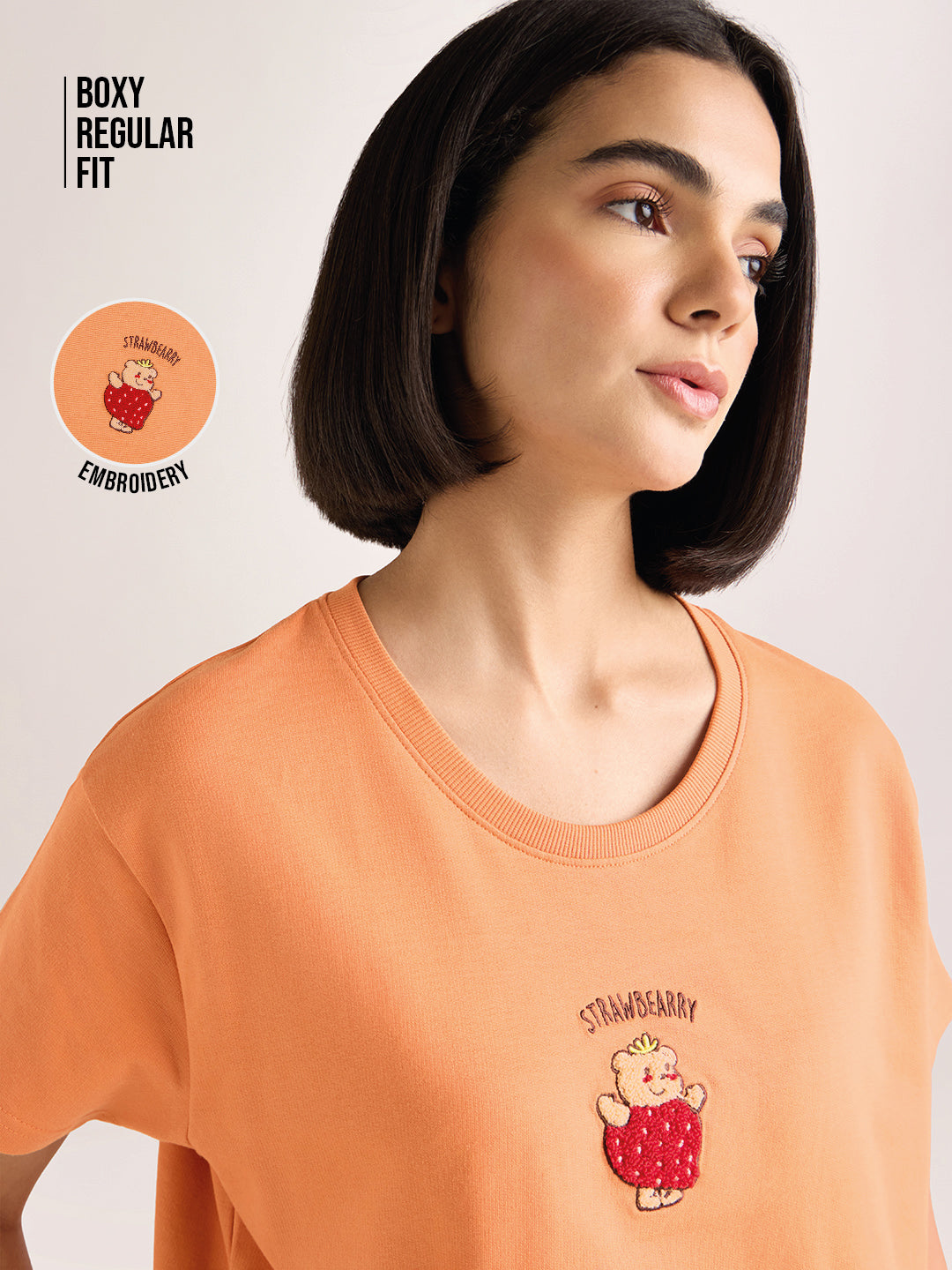 Womens Embroidery Boxy Regular Fit French Terry Cotton Tshirt