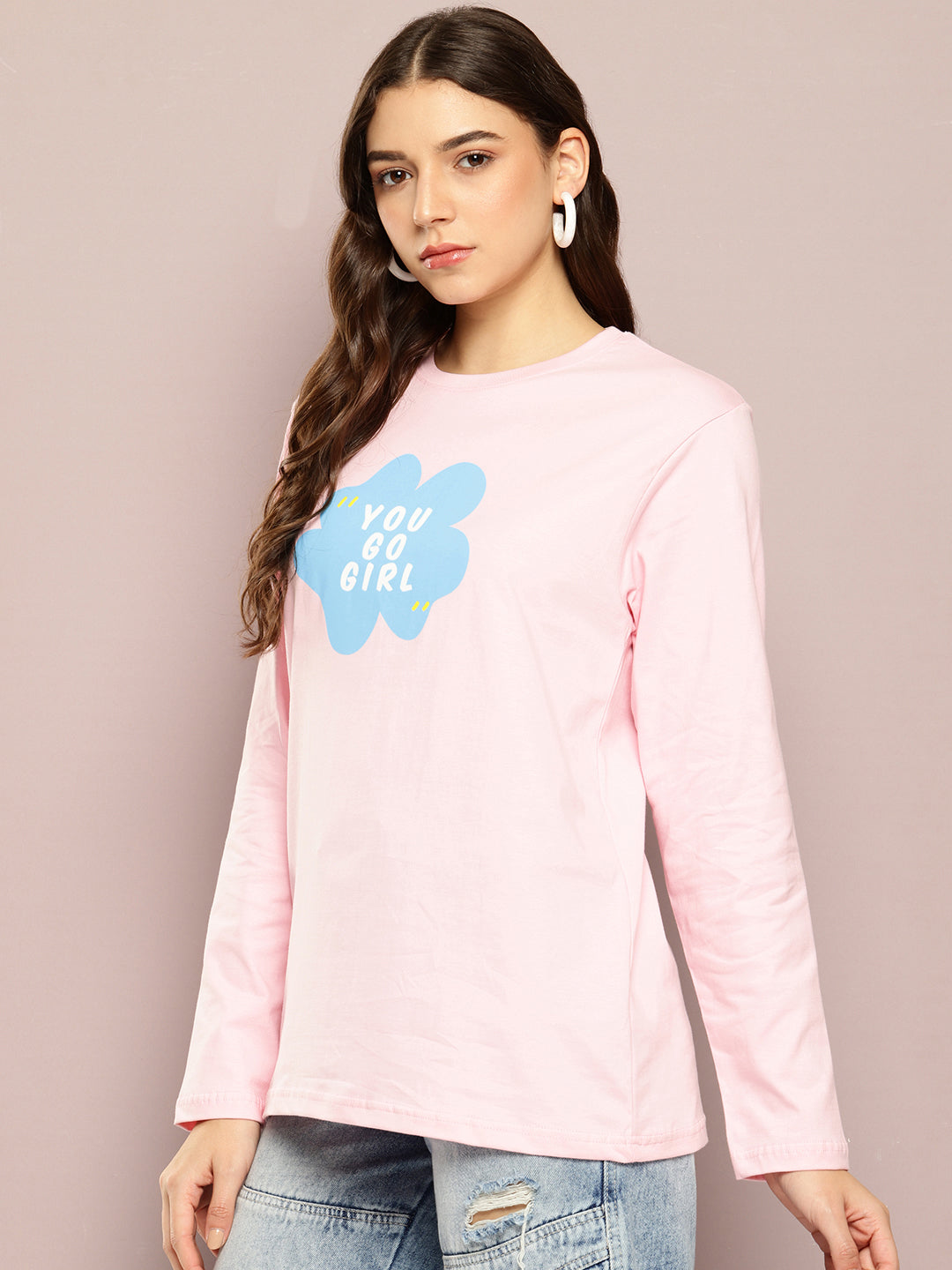 Womens Full Sleeve Round Neck Printed Oversized Fit Tshirts