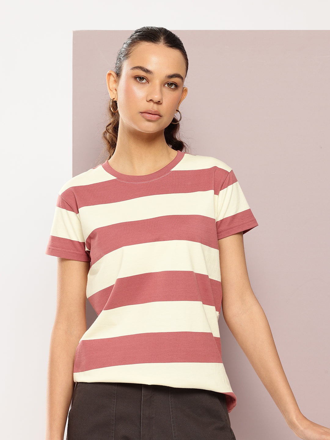 Womens Half Sleeve Round Neck Striped Regular Fit Tshirts