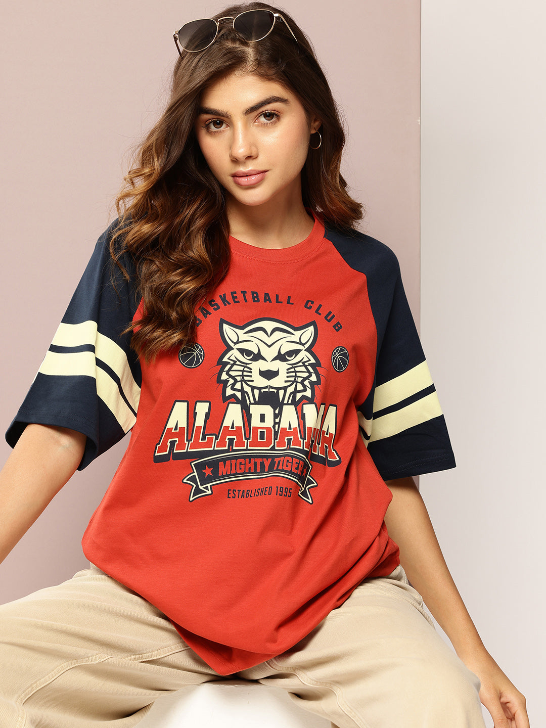 Womens Raglan Sleeve Printed Oversized Fit Tshirt