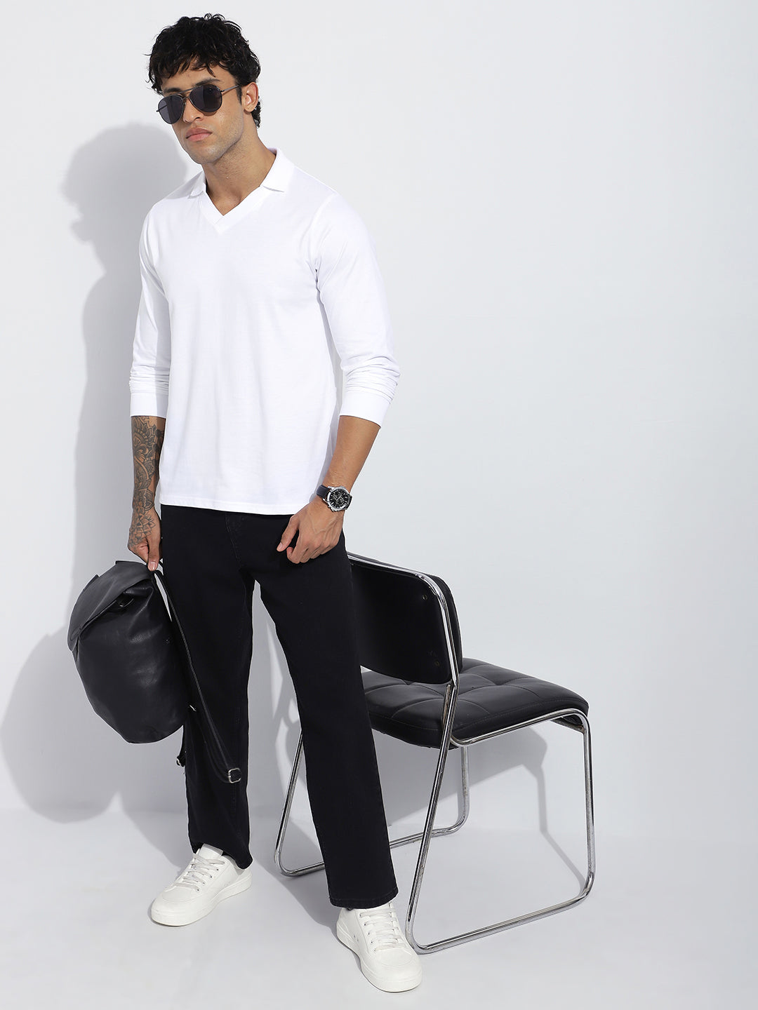 Mens Full Sleeve V-Neck Solid Regular Fit Tshirts
