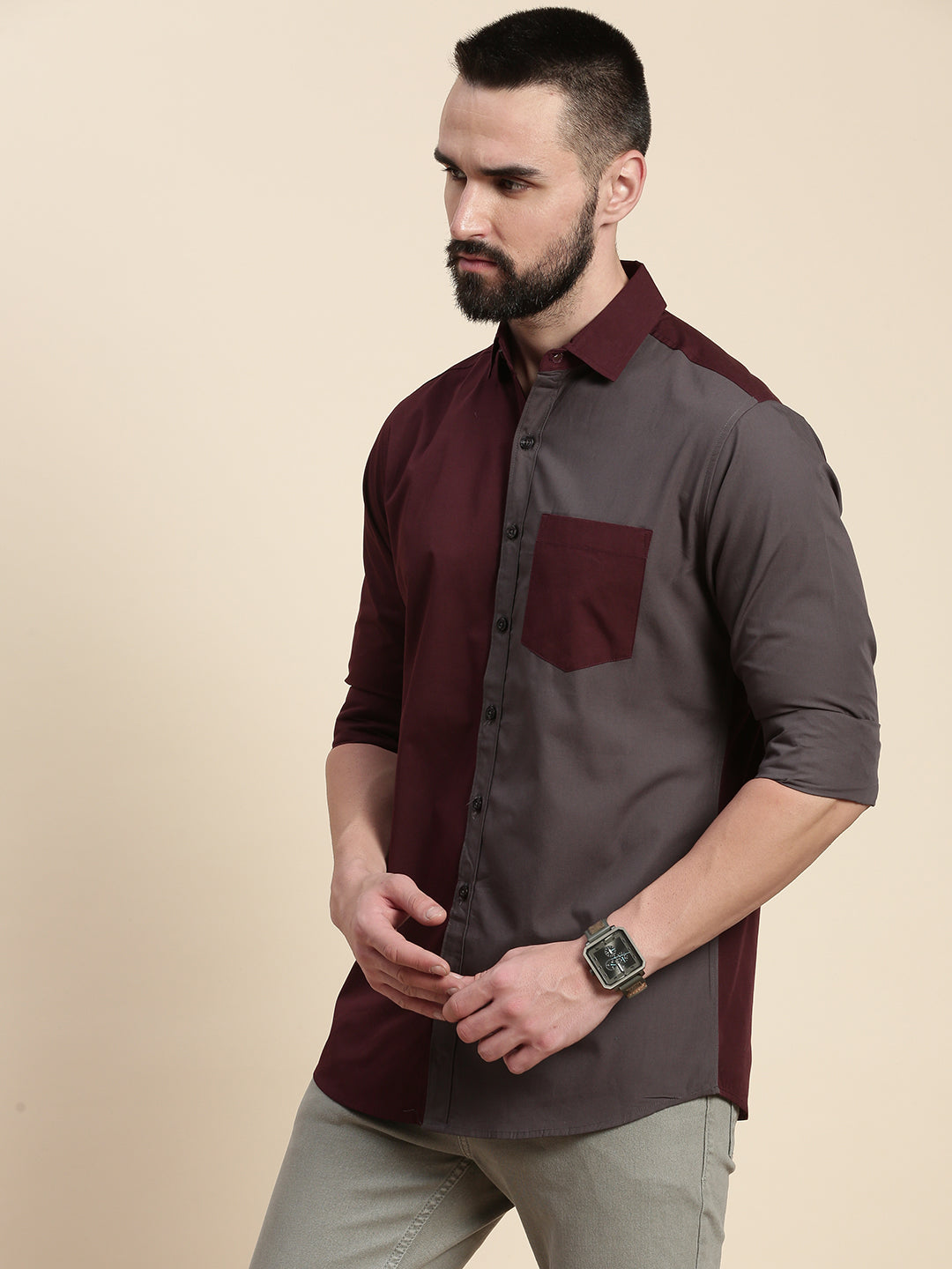 Mens Colourblocked Full Sleeve Shirt With Pocket