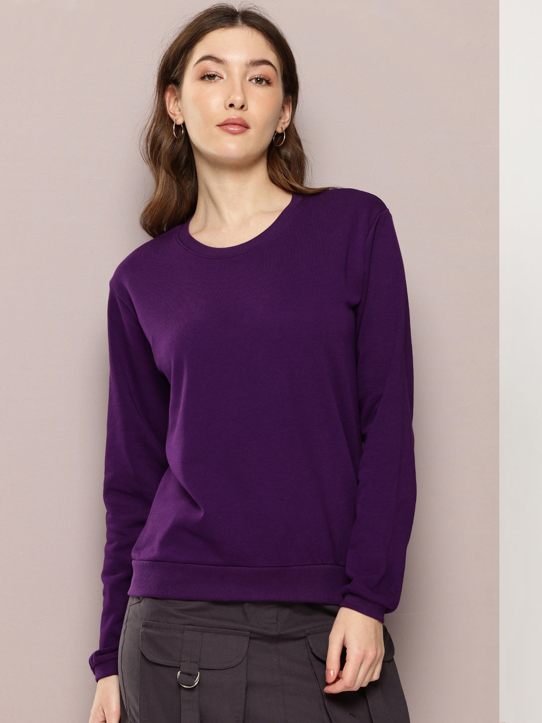 Womens Full Sleeve Round Neck Solid Relaxed Fit Tshirts
