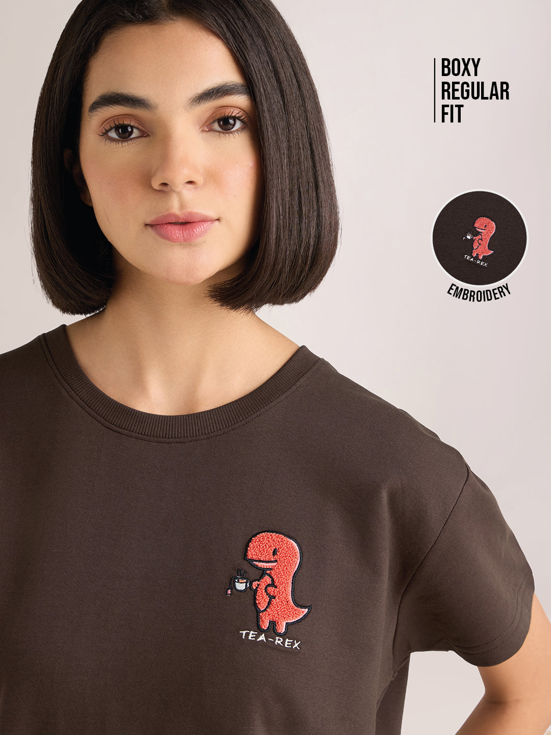 Womens Embroidery Boxy Regular Fit French Terry Cotton Tshirt