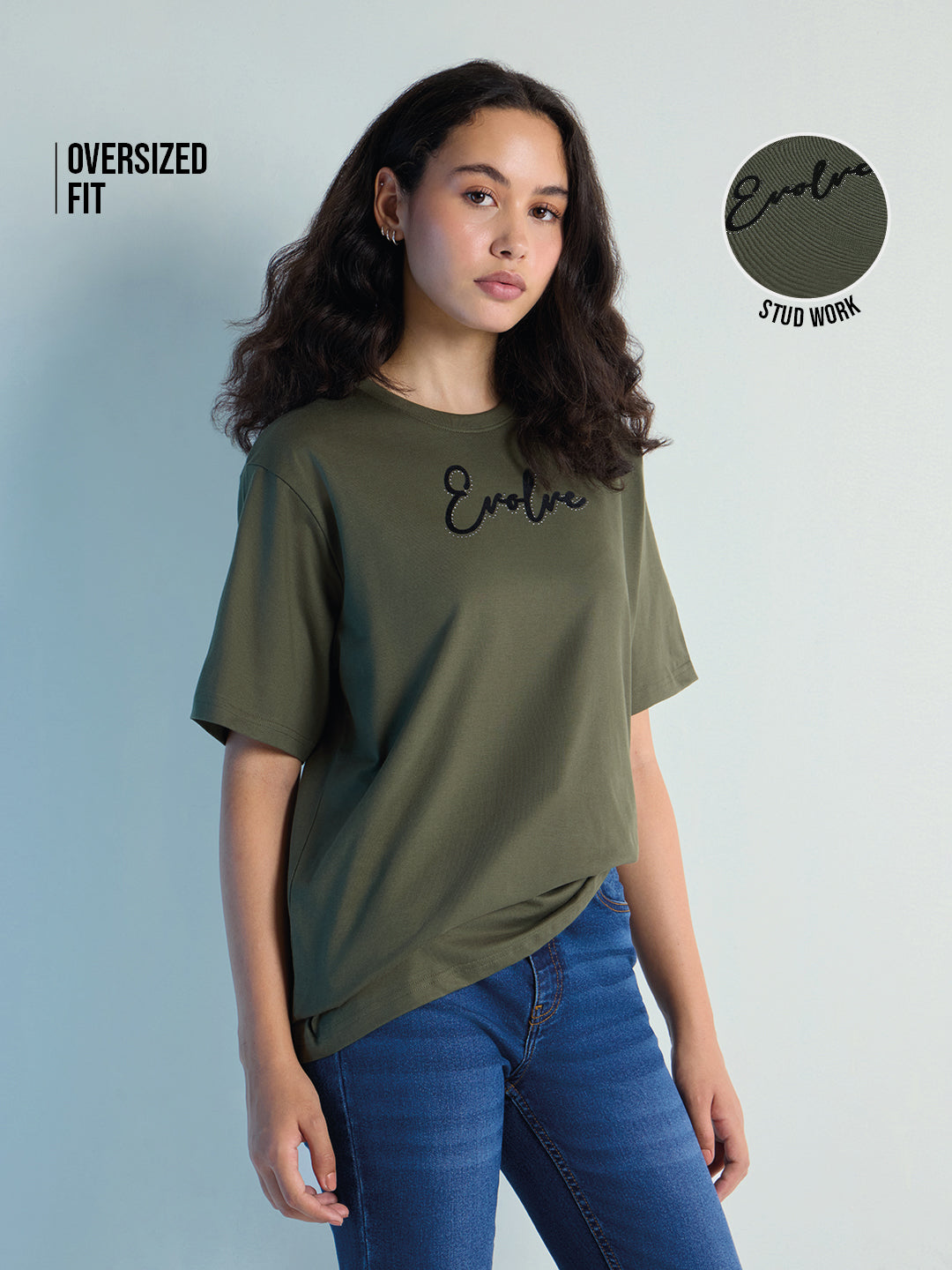 Womens Stud Detailed Oversized Round Neck Tshirt 