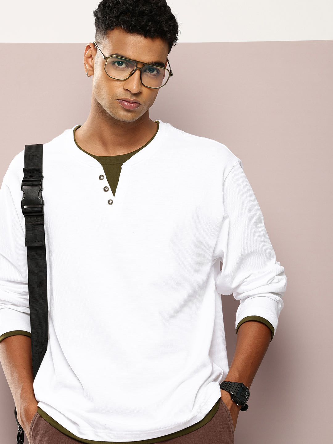 Mens Full Sleeve V-Neck Solid Oversized Fit Tshirts