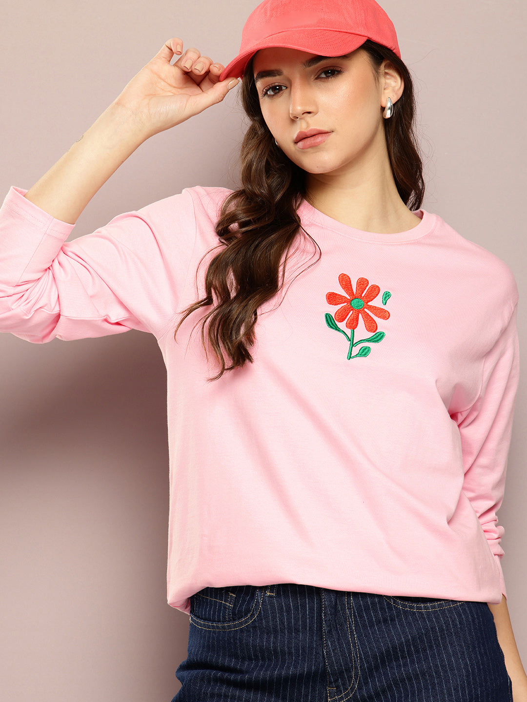 Womens Full Sleeve Round Neck Printed Oversized Fit Tshirts