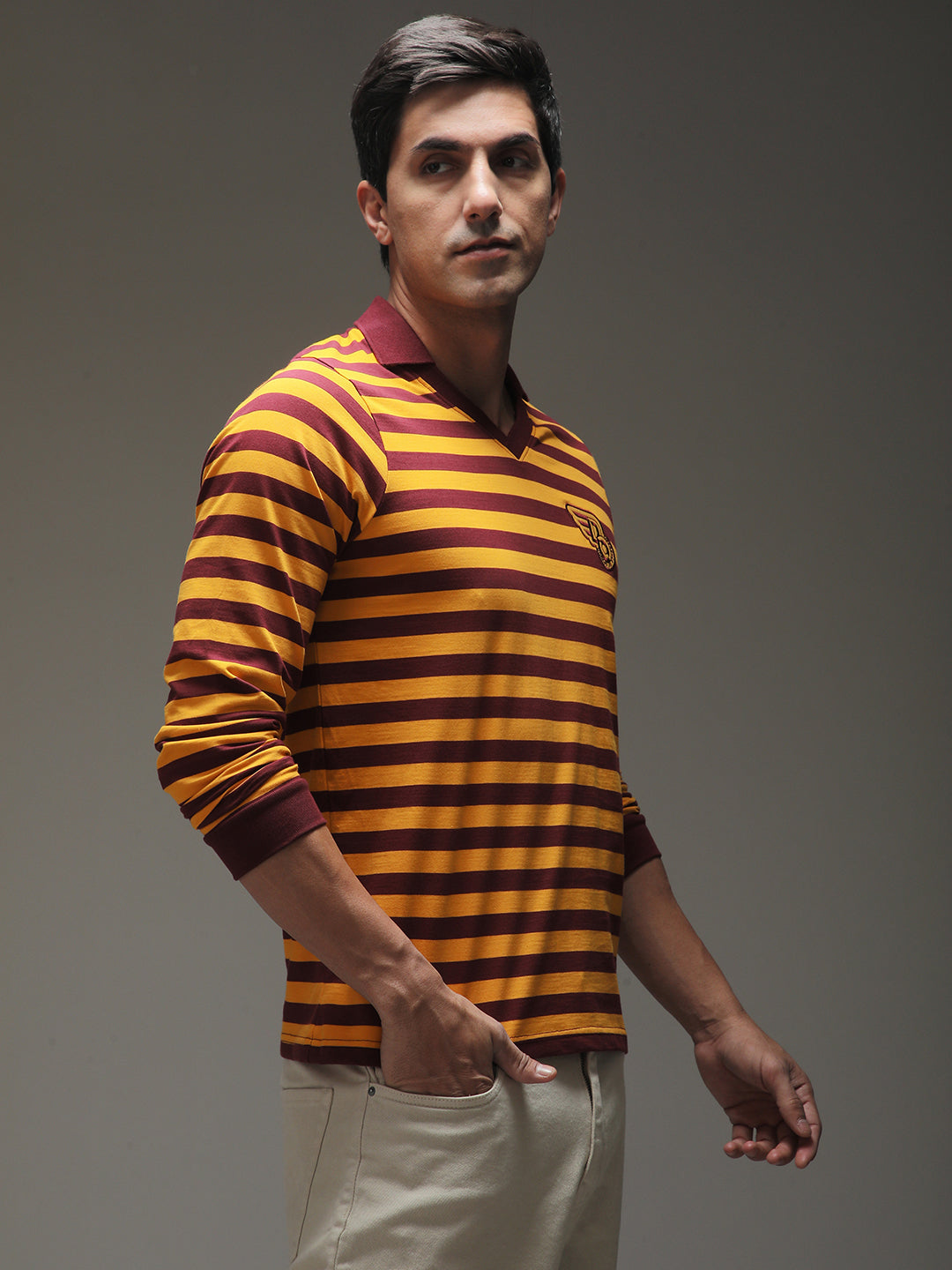 Mens Full Sleeve Polo Neck Striped Regular Fit Tshirts