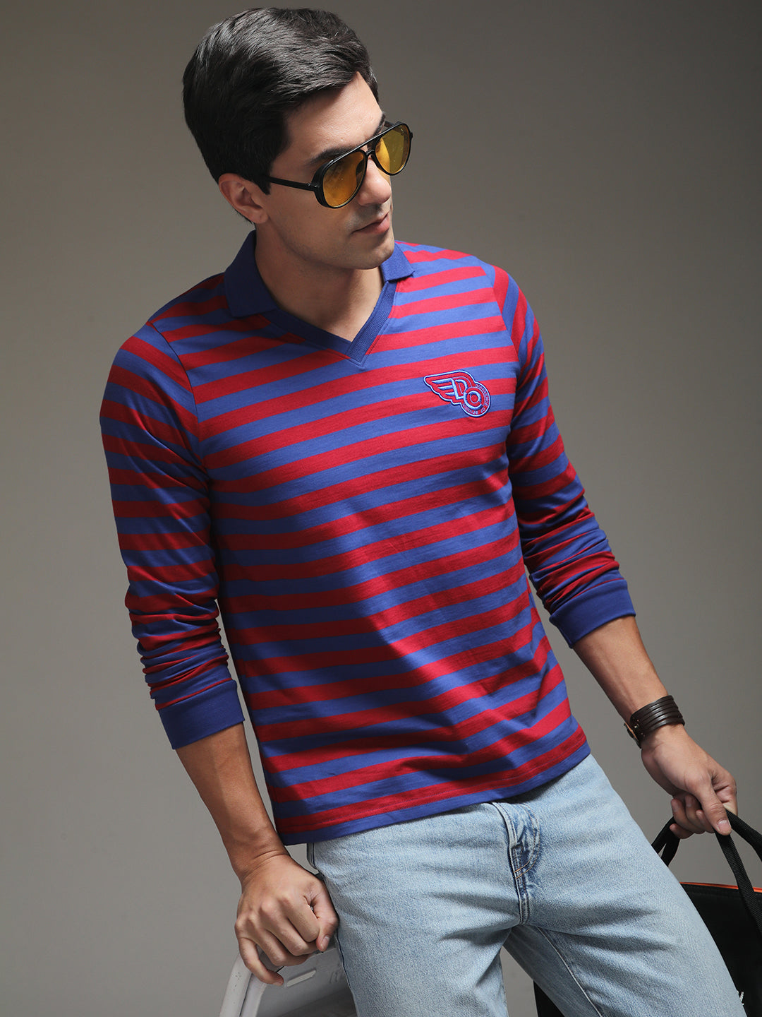 Mens Full Sleeve Polo Neck Striped Regular Fit Tshirts
