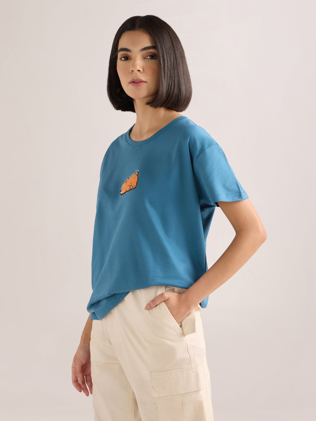 Womens Embroidery Boxy Regular Fit French Terry Cotton Tshirt