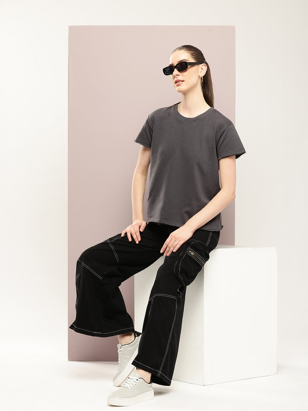 Womens Half Sleeve Round Neck Solid Boxy Fit Tshirts