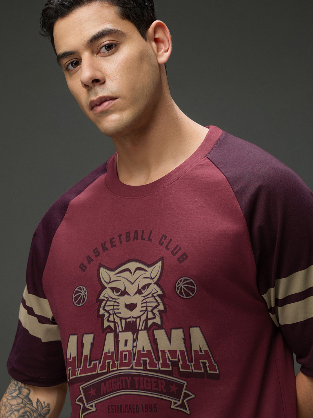 Mens Round Neck Raglan Sleeve Printed Oversized Fit Tshirt