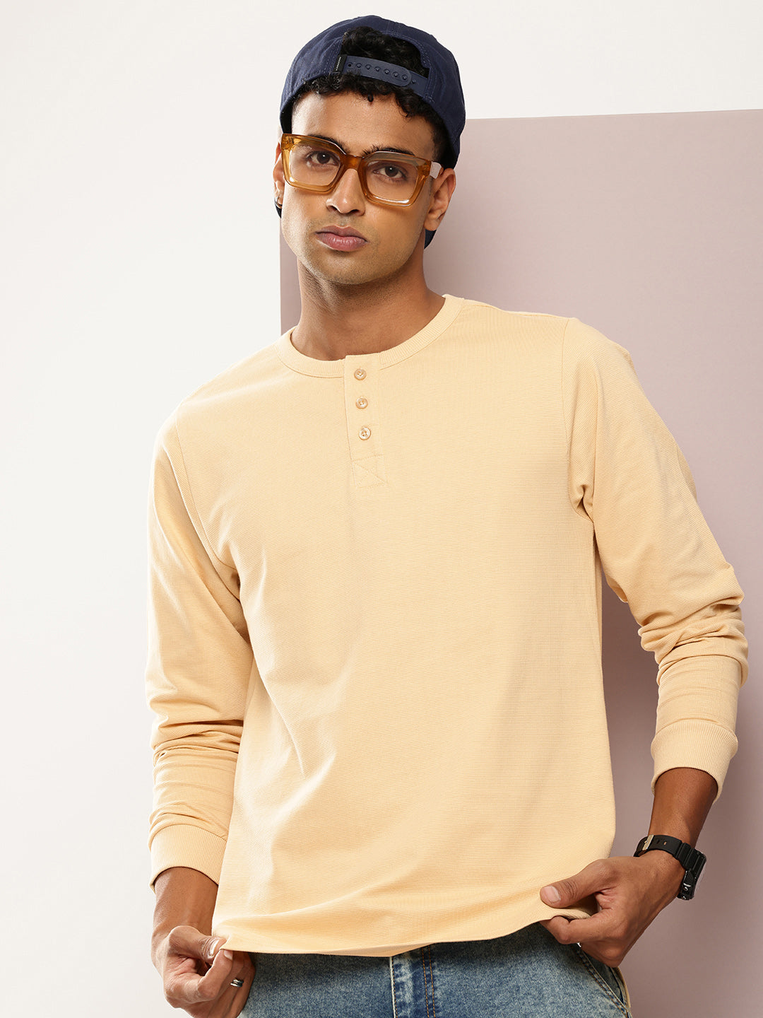 Mens Full Sleeve Henley Neck Solid Regular Fit Tshirts