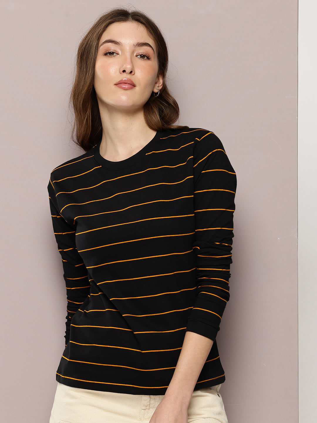 Womens Full Sleeve Round Neck Striped Regular Fit Tshirts