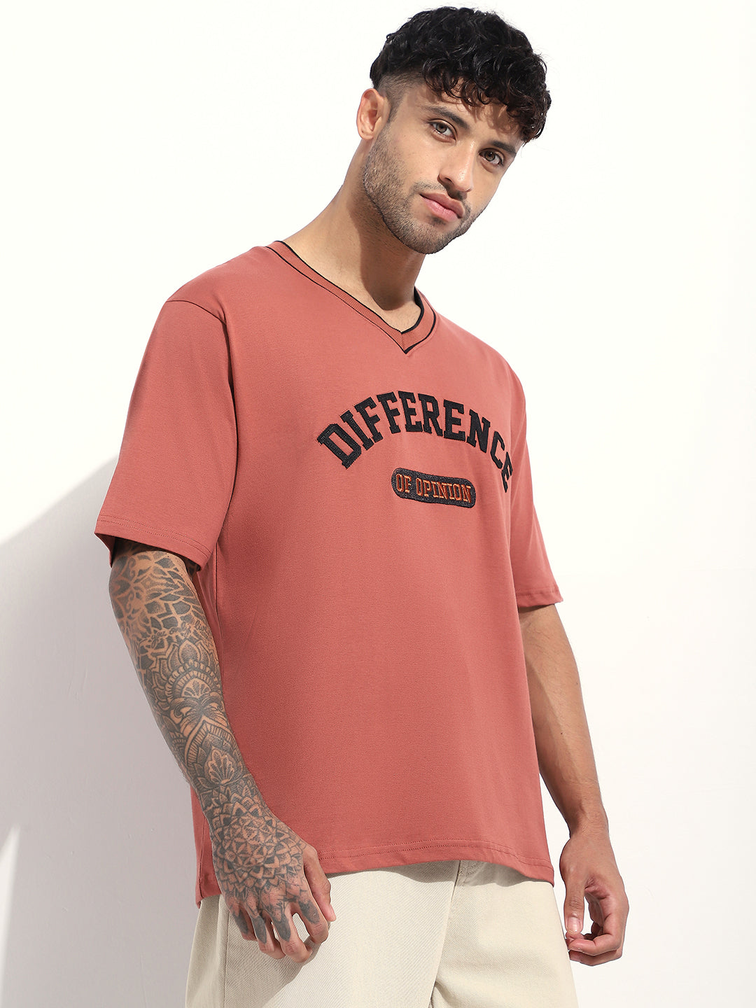 Mens Half Sleeve V-Neck Applique Oversized Fit Tshirts