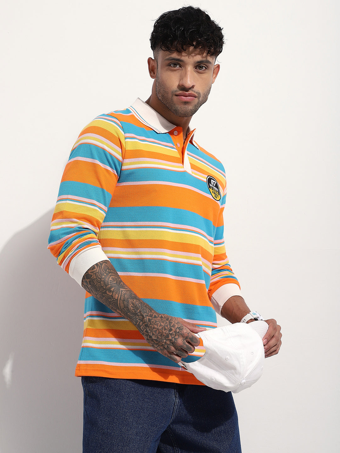 Mens Full Sleeve Polo Neck Striped Regular Fit Tshirts