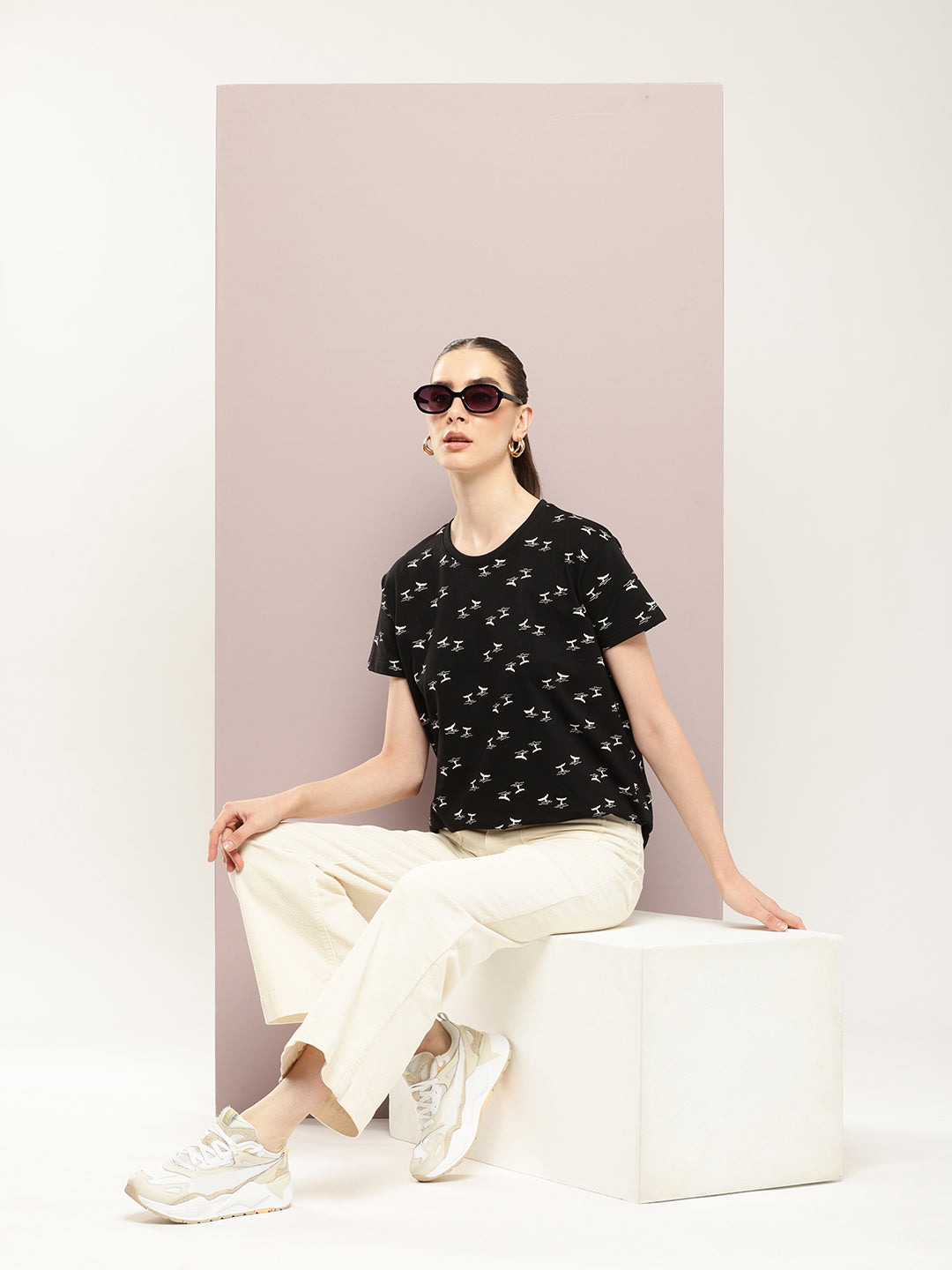 Womens Half Sleeve Round Neck All-Over Printed Boxy Fit Tshirts