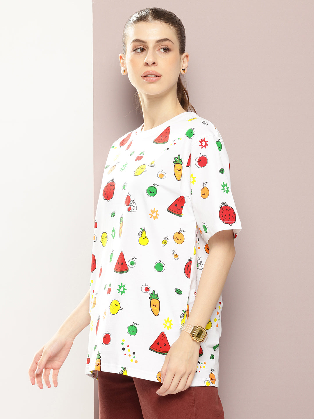 Womens Half Sleeve Round Neck All-Over Printed Oversized Fit Tshirts