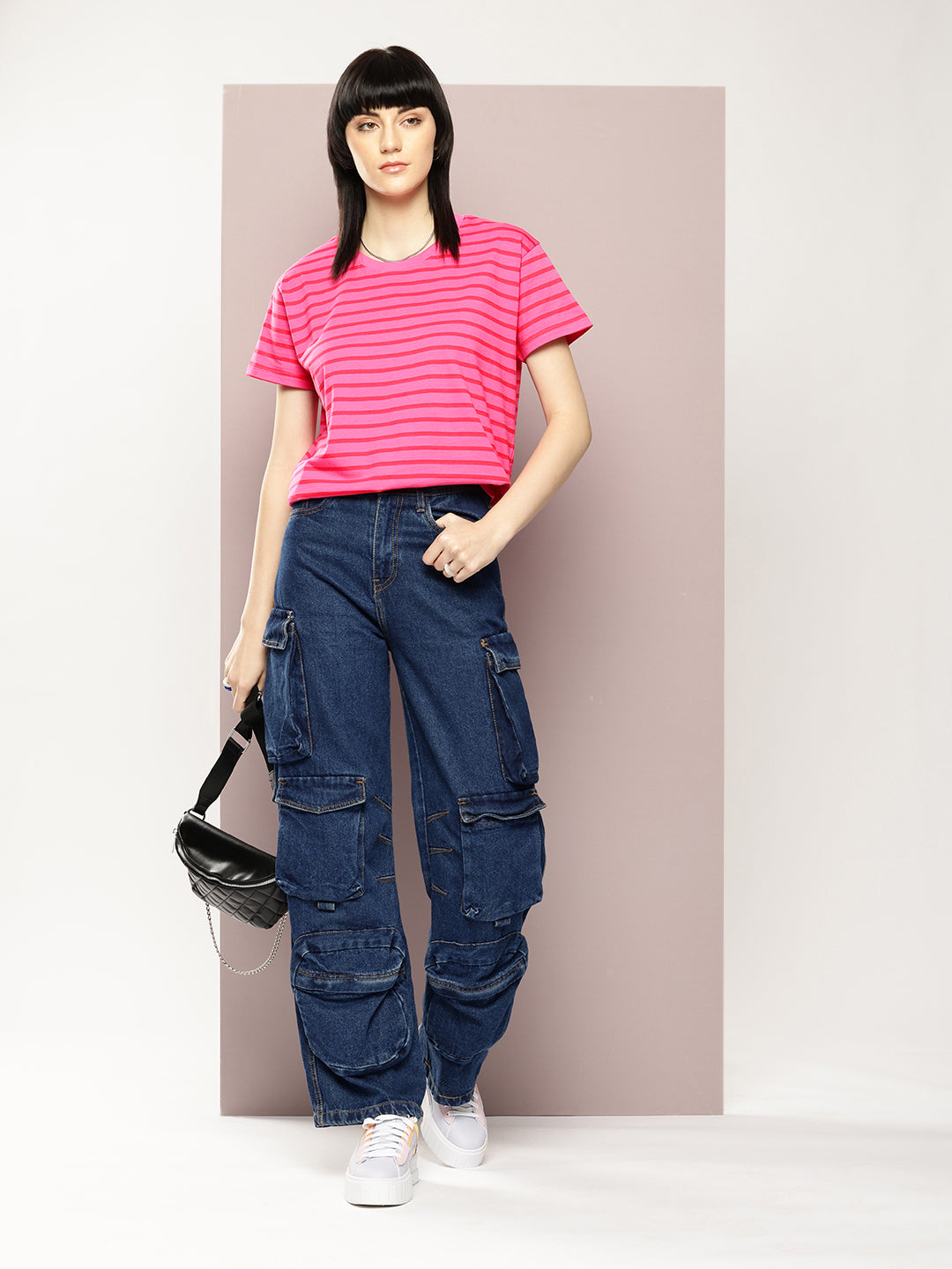 Womens Half Sleeve Round Neck Striped Boxy Fit Tshirts