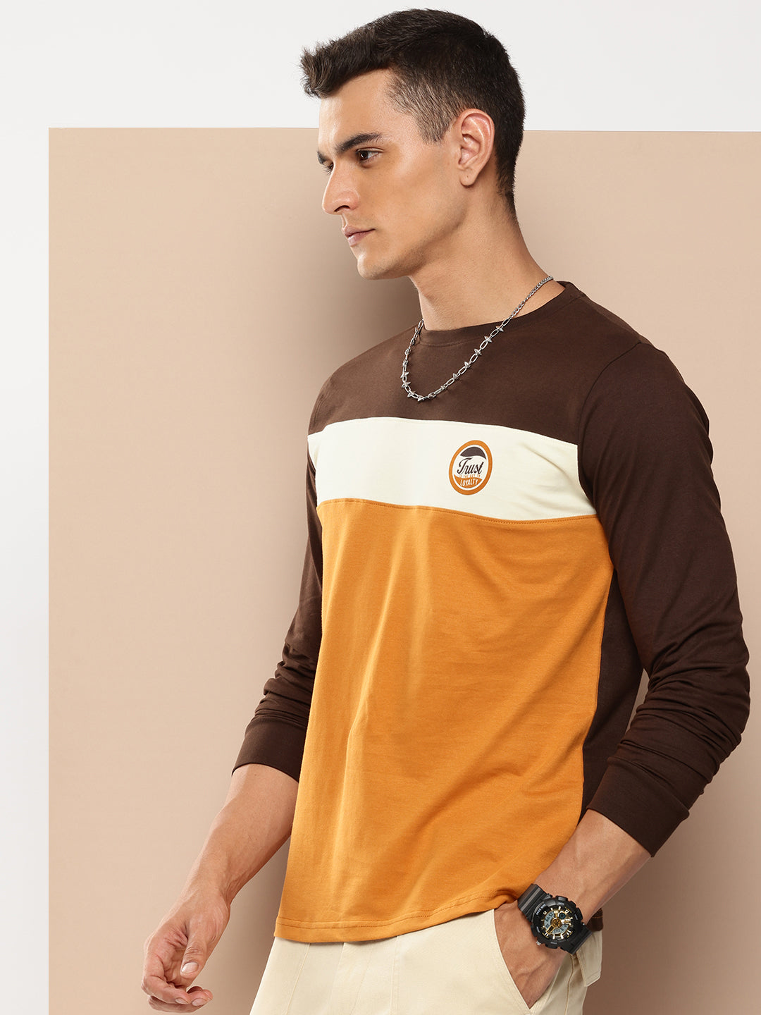 Mens Full Sleeve Round Neck Colourblocked Regular Fit Tshirts