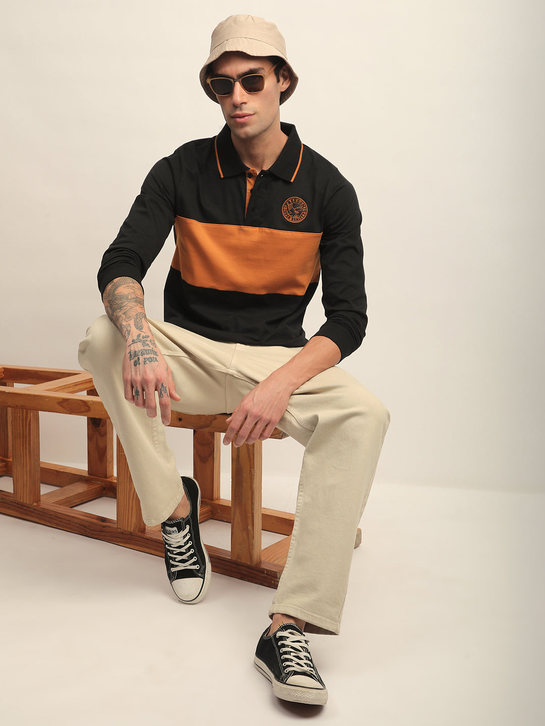 Mens Full Sleeve Polo Neck Self Design Regular Fit Tshirts