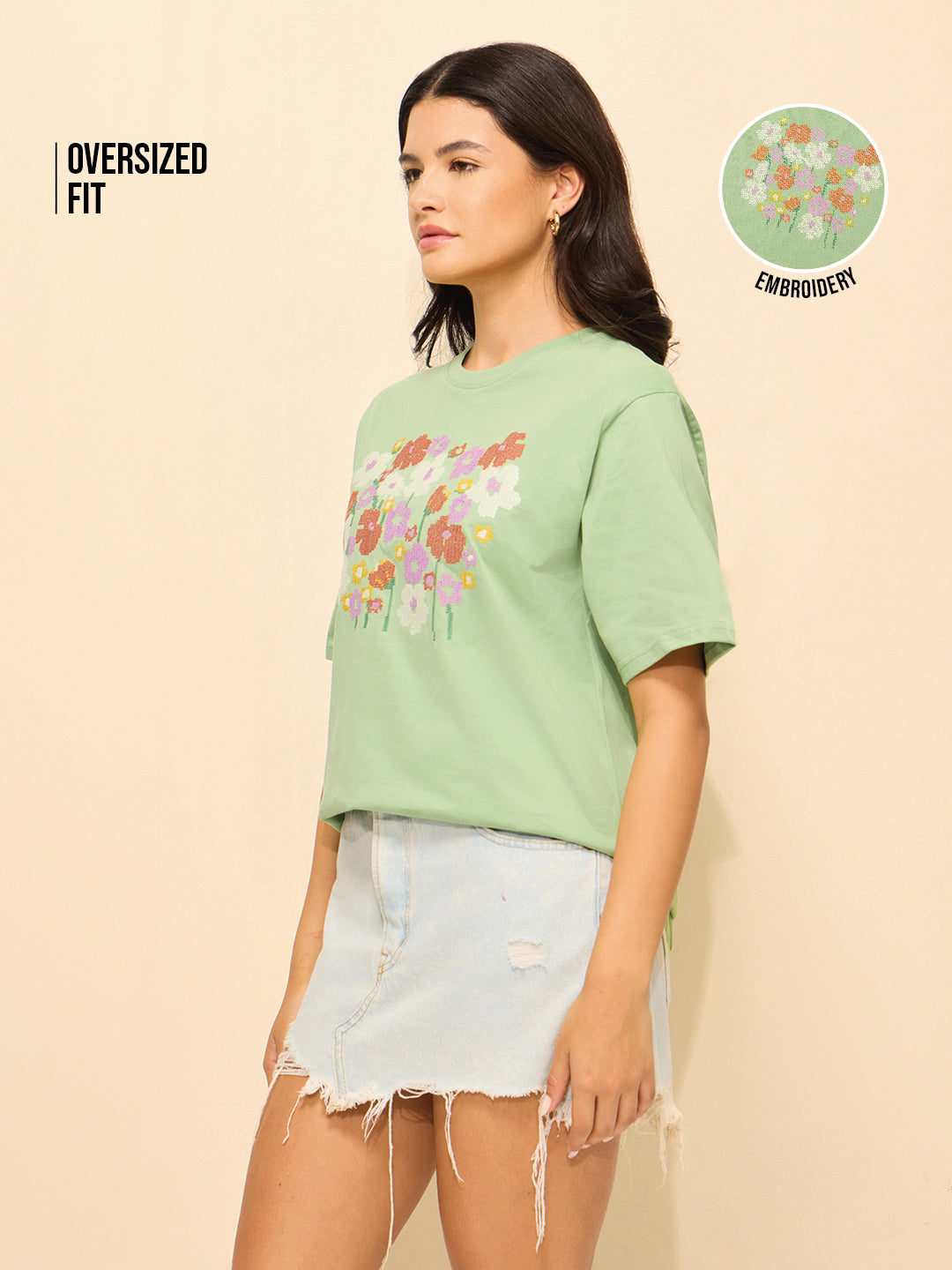 Womens Embroidery Oversized Fit Cotton T-Shirt