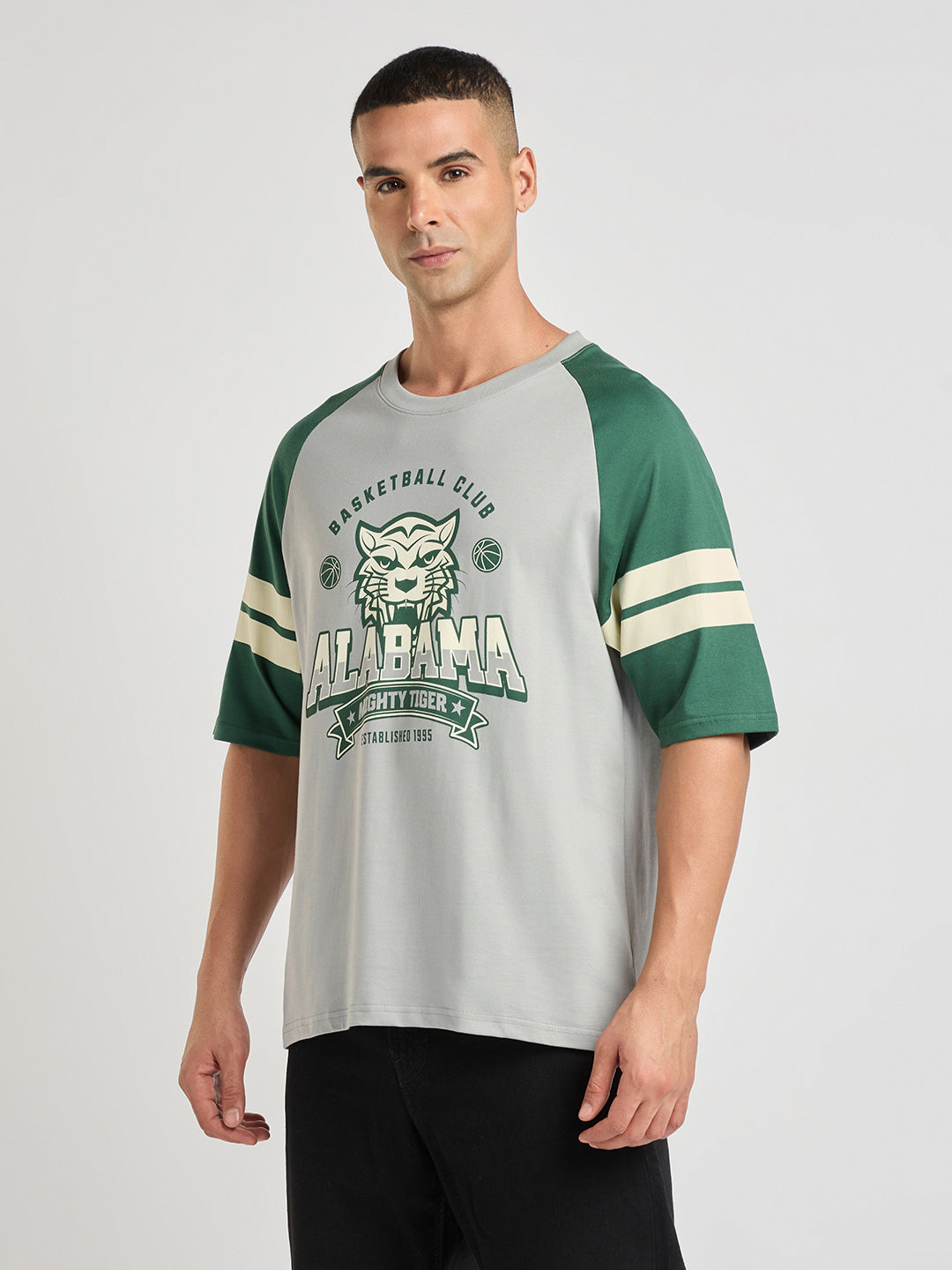 Mens Printed Oversized Raglan Sleeve Round Neck Tshirt