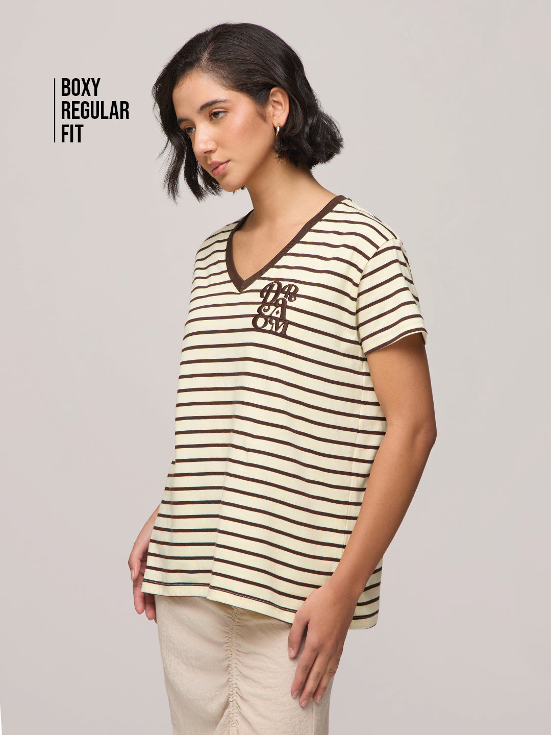 Womens Striped Boxy Regular Fit Cotton V-Neck T-Shirt