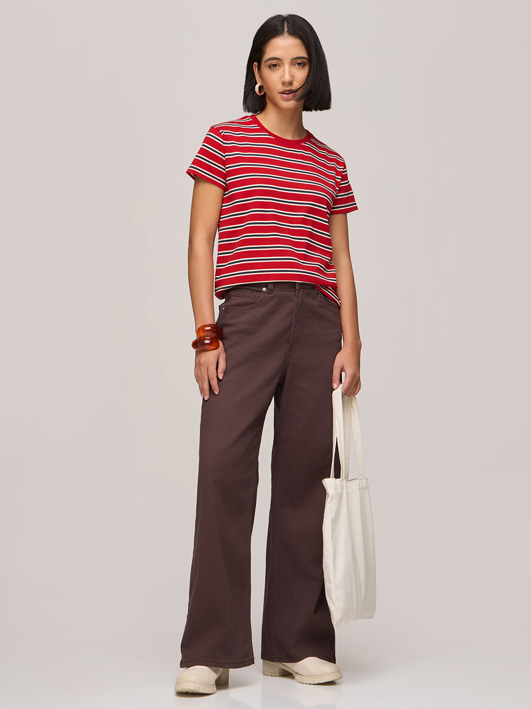 Womens Striped Regular Fit Cotton T-Shirt