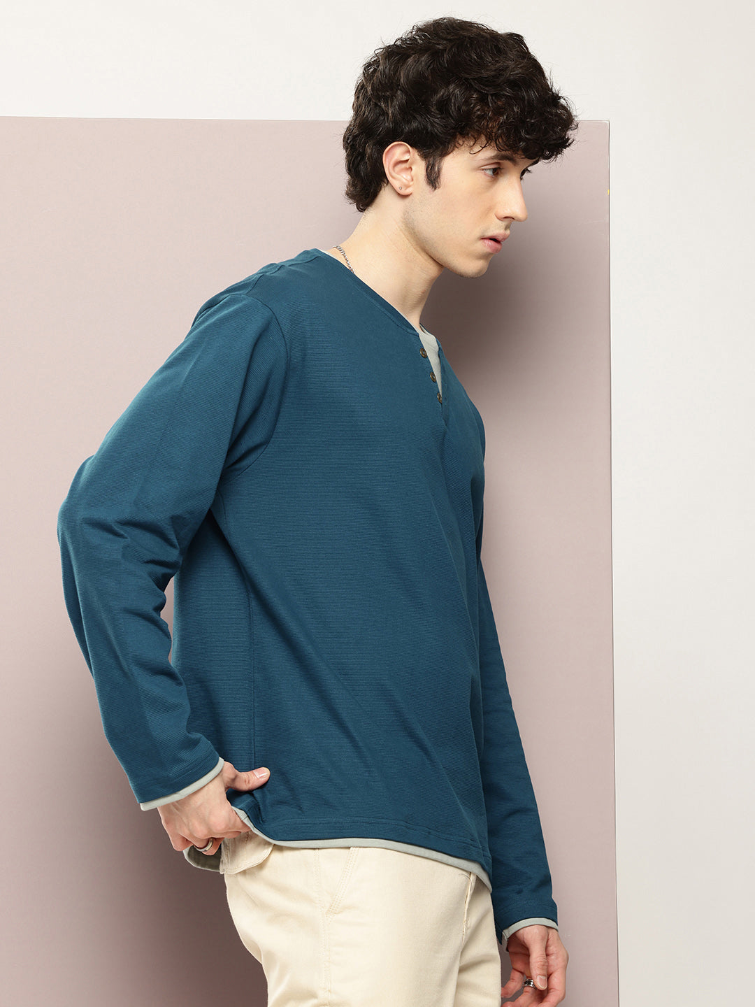 Mens Full Sleeve V-Neck Solid Oversized Fit Tshirts