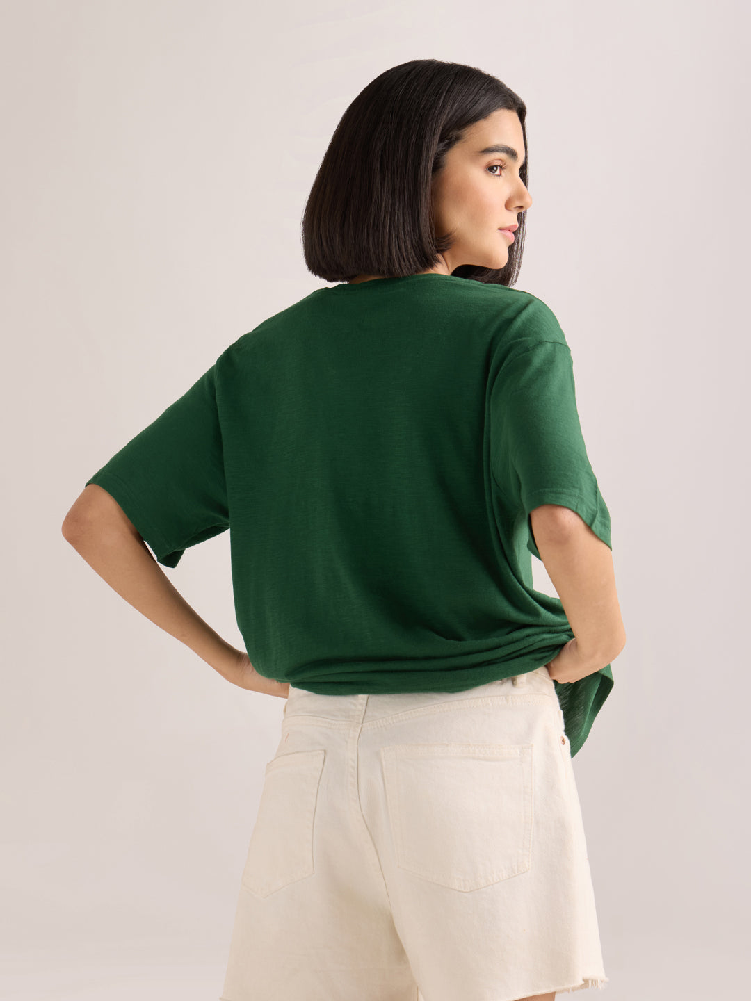 Womens Solid Oversized Cotton Modal V-Neck Tshirt