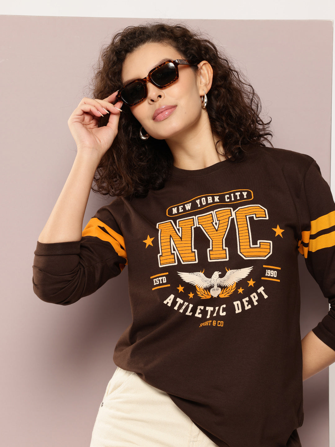 Womens Full Sleeve Round Neck Printed Oversized Fit Tshirts