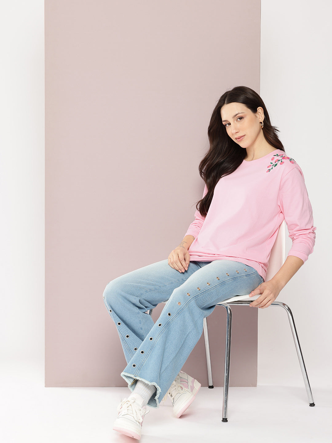 Womens Full Sleeve Round Neck Embroidered Oversized Fit Tshirts