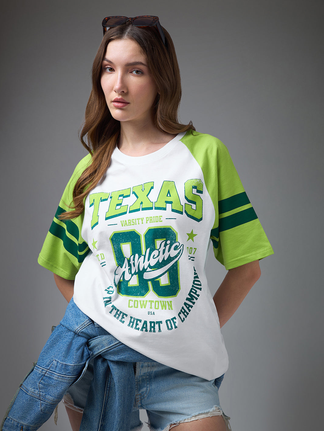 Womens Printed Raglan Sleeves Round Neck Oversized Fit Tshirt