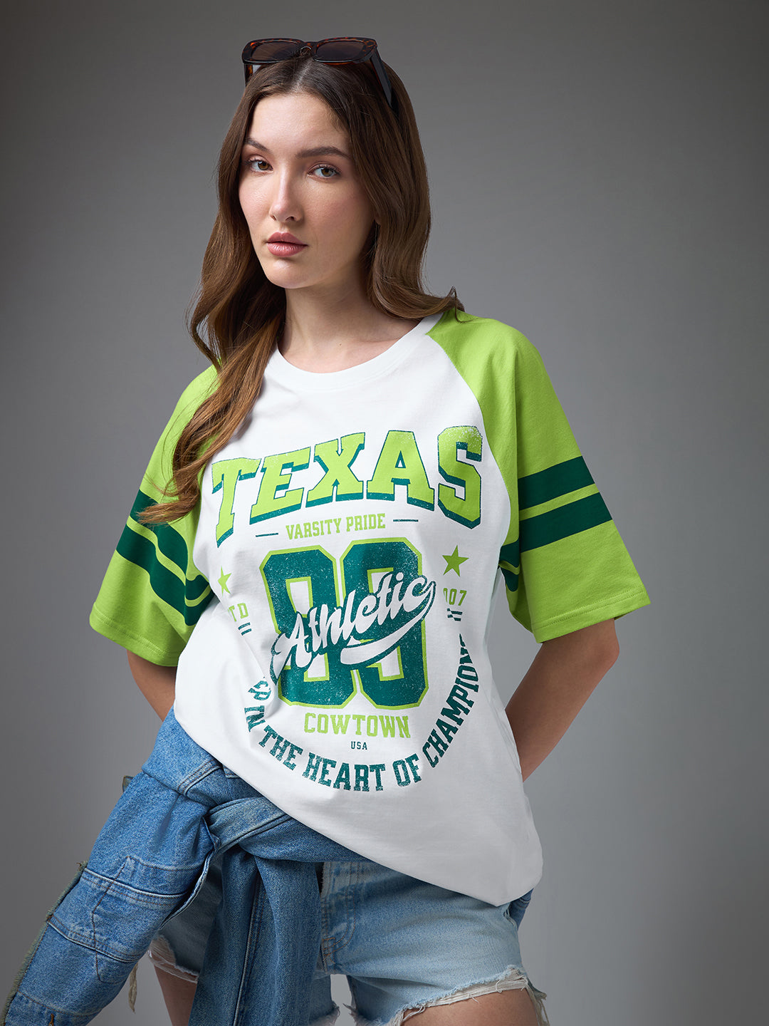 Womens Printed Raglan Sleeves Round Neck Oversized Fit Tshirt