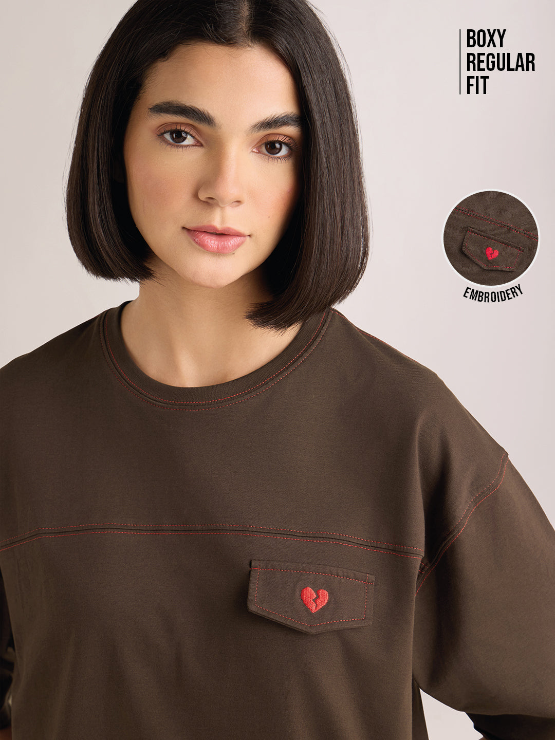 Womens Embroidery Boxy Regular Fit Cut & Sew Cotton Tshirt