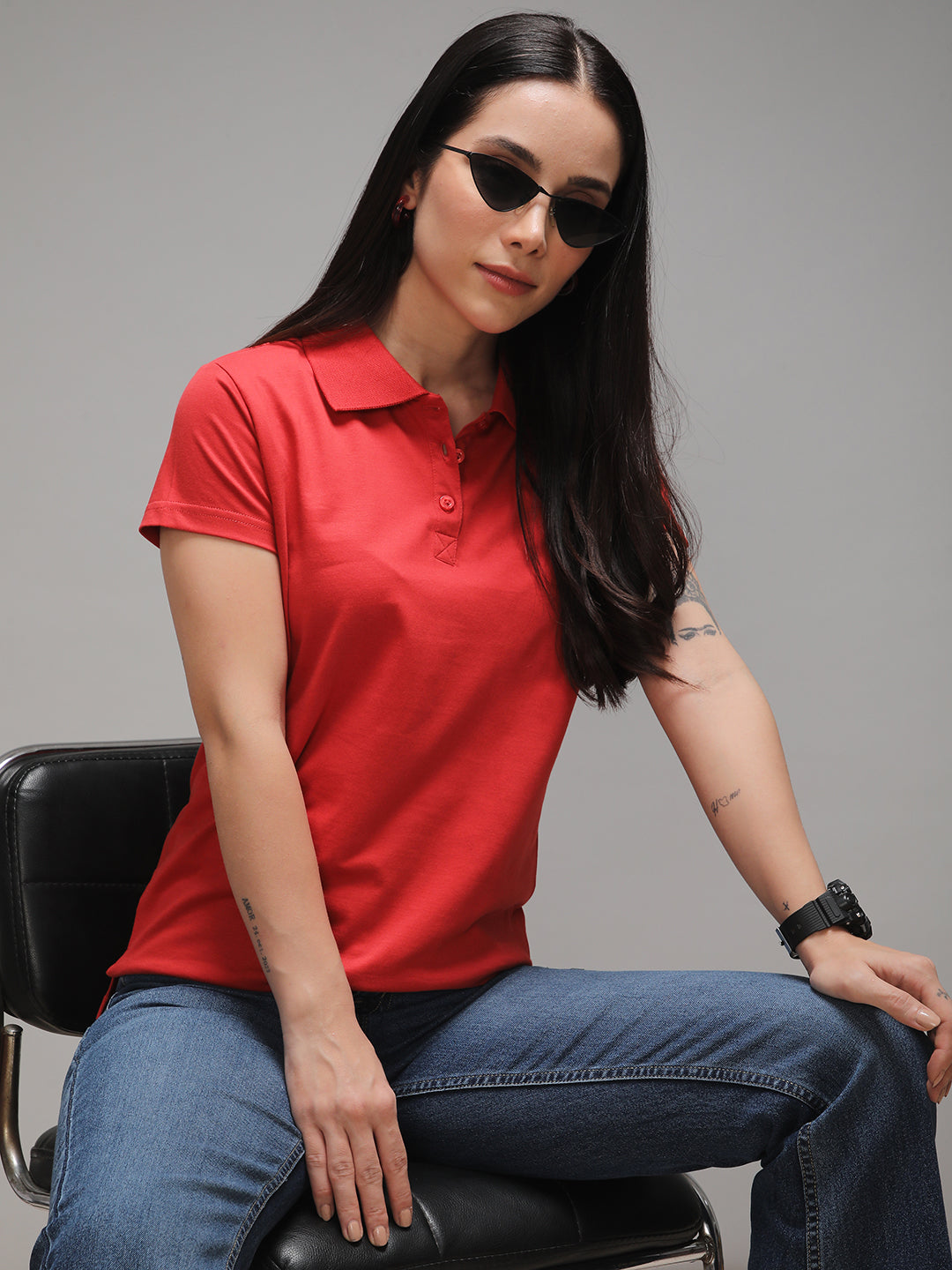 Womens Half Sleeve Polo Neck Solid Regular Fit Tshirts