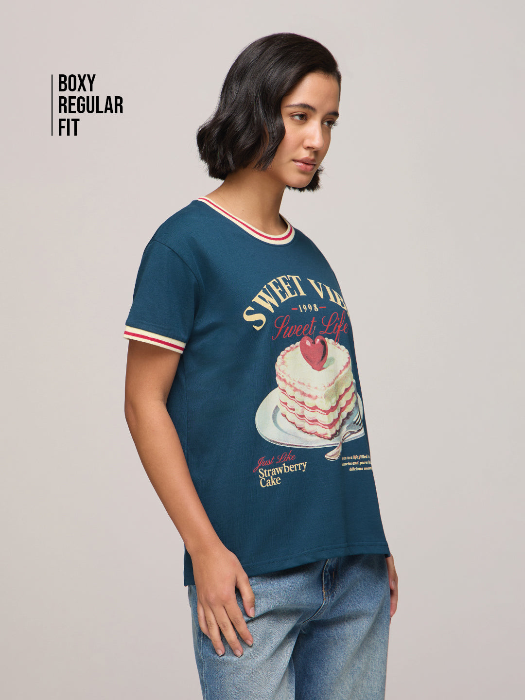 Womens Printed Boxy Regular Fit Cotton T-Shirt